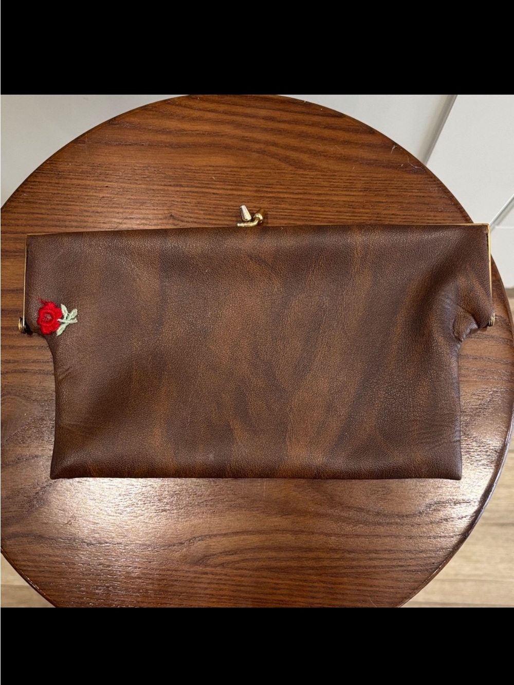 Brown Leather Frame Clutch with Embroidered Rose